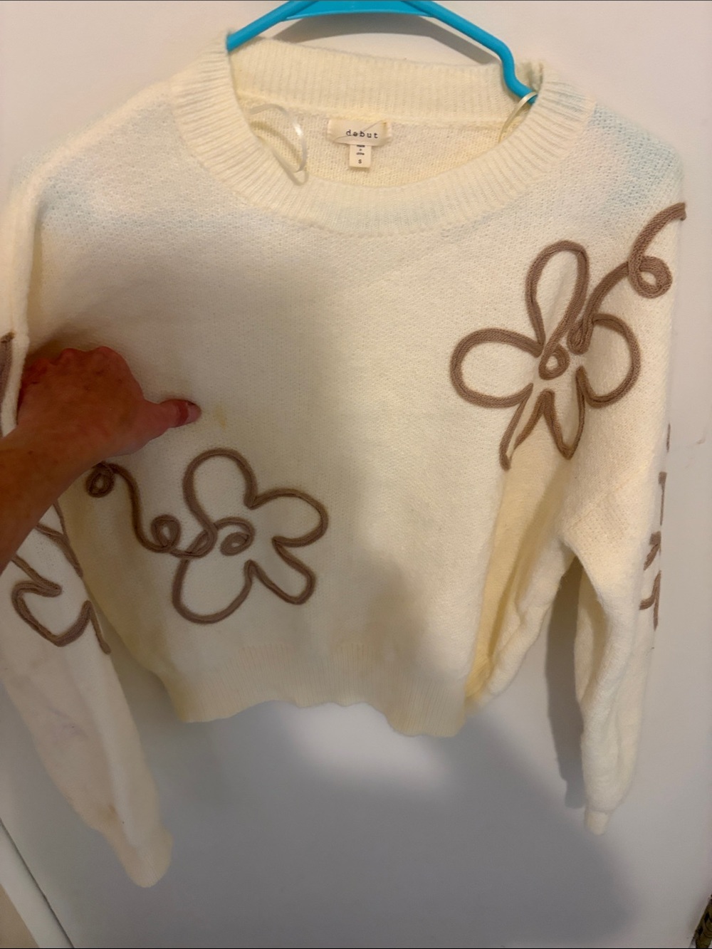 debut Cream Crewneck Sweater with Tan Floral Trim